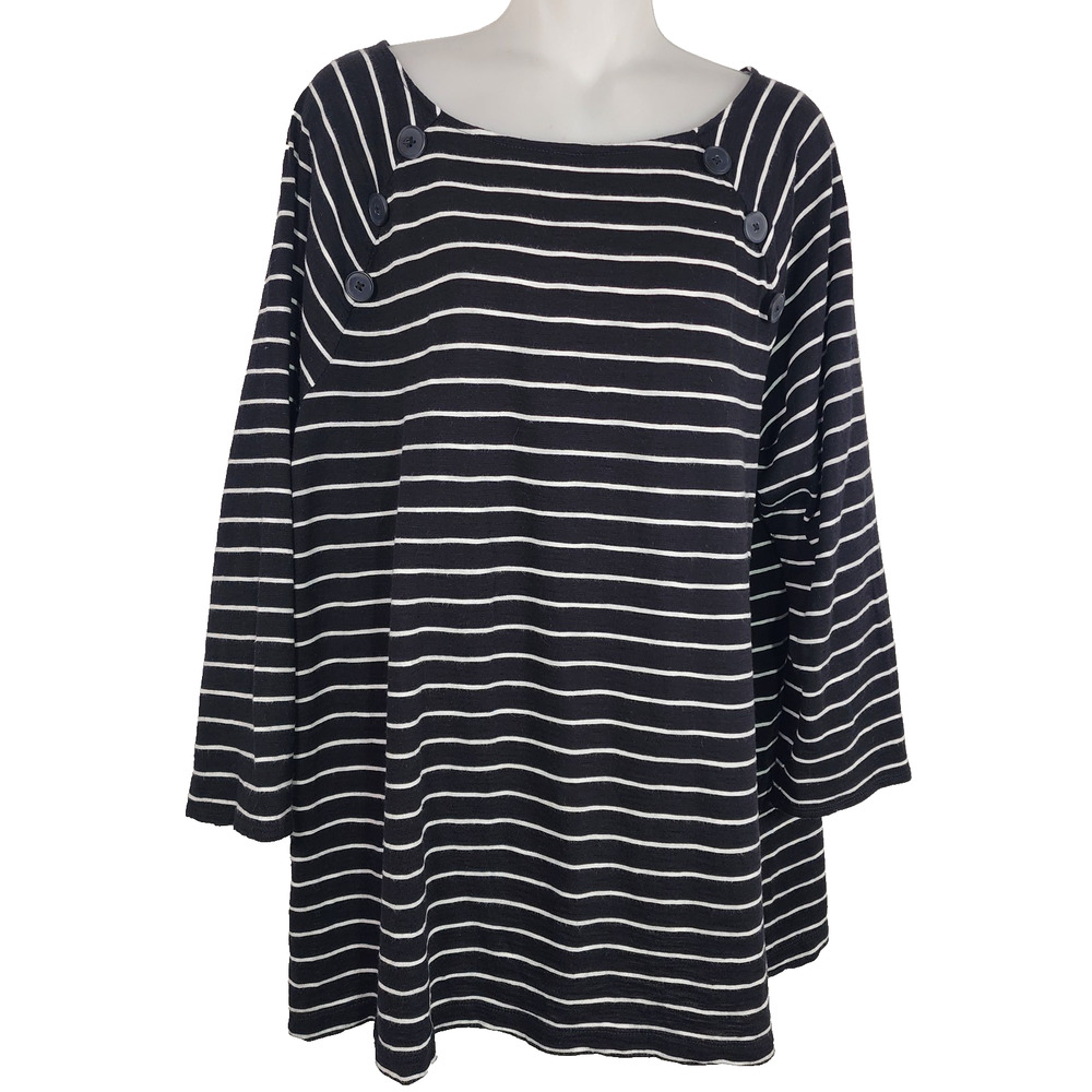 Chico's Womens Tunic Top Black White Striped 3/4 Sleeves Button Detail Knit XL